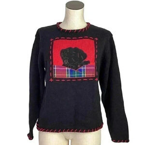 Timberlea Vintage Womens S Dog Sweater Black Red Cotton Blend Long Sleeves